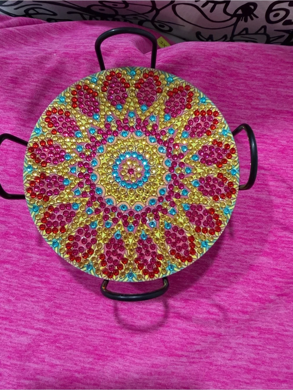 Decorative Beaded Serving Tray - Pink, Gold & Blue